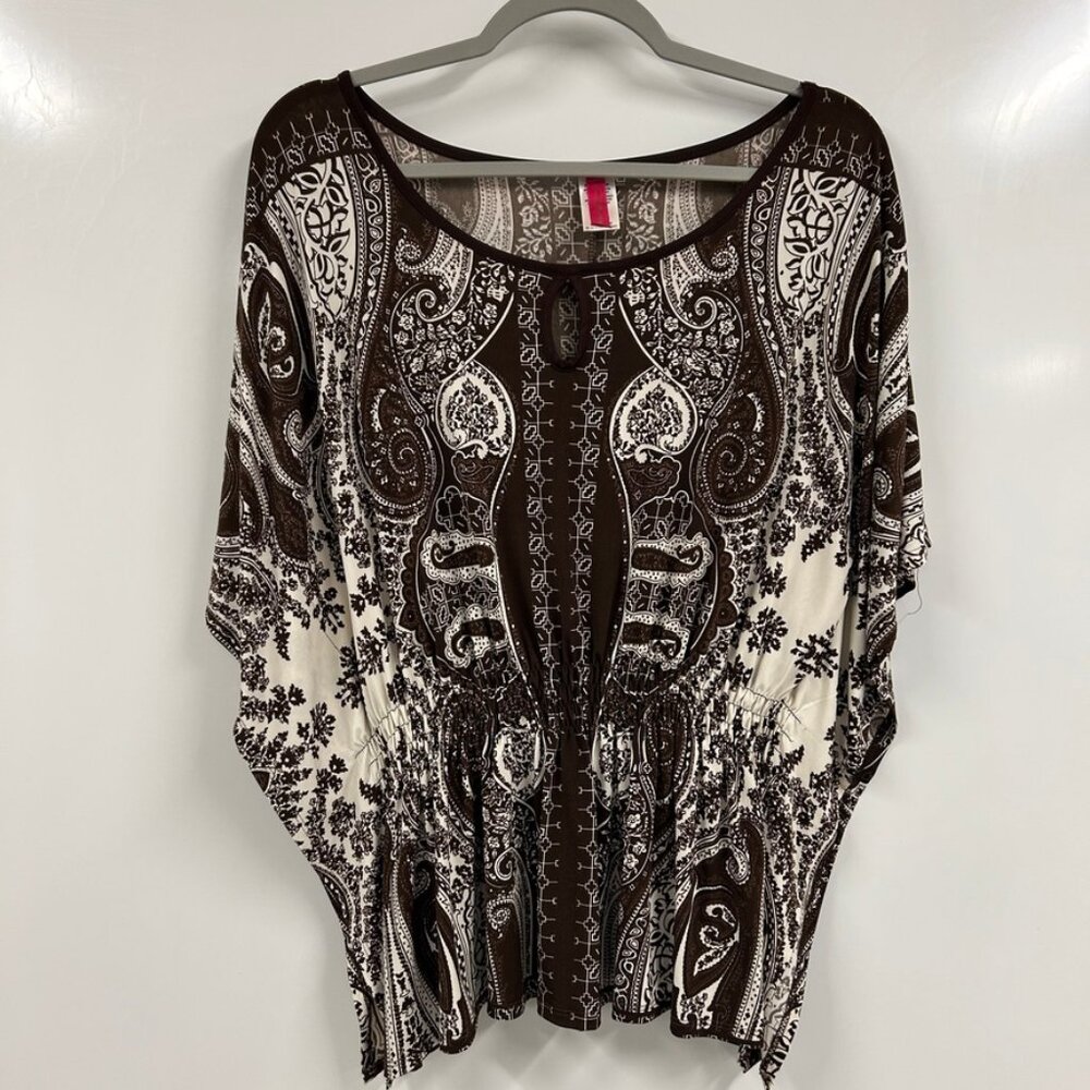 Heart Soul Chocolate Paisley Boho Blouse Large | Flowy‎ Cinched Waist Tunic Top